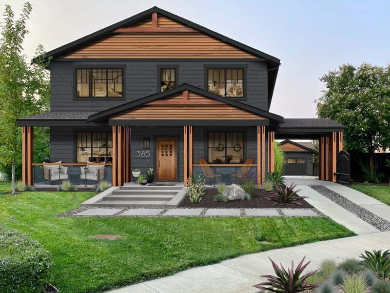 Cedar trim on grey house and wooden door and garden outside of the house