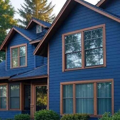 Dark blue house with cedar framed windows