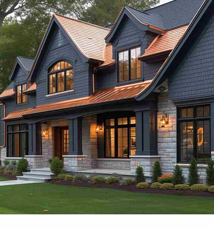 Dark blue house with copper accents and lights on the wall