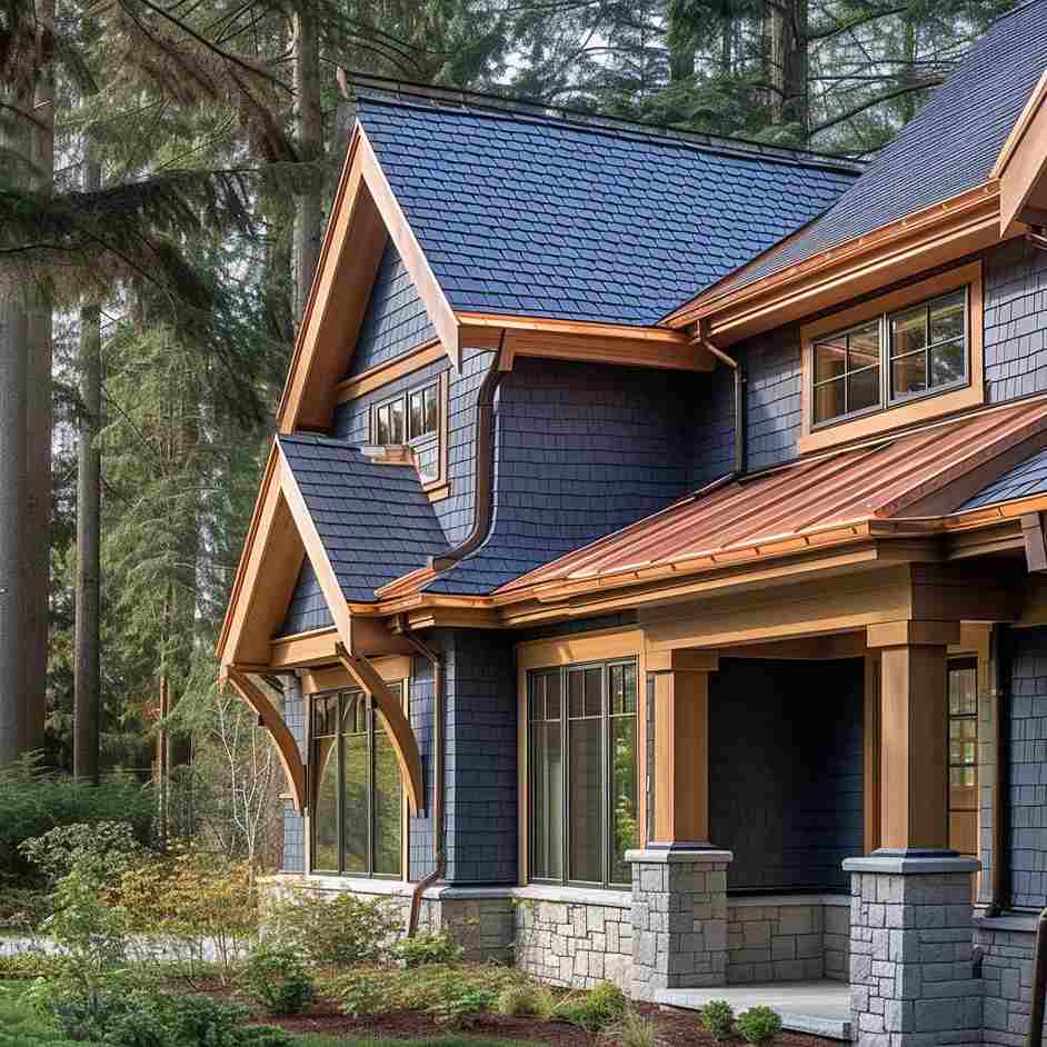 Copper awnings on blue house and stone and wooden pillars