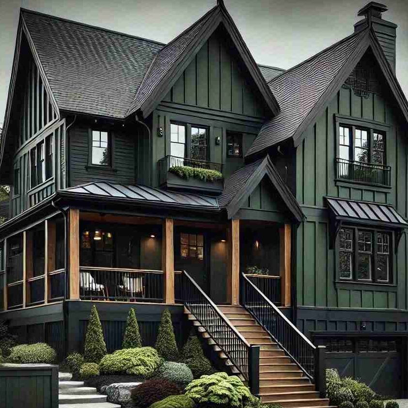A dark green house and black roof and wooden pillar and wooden staircase and black railings 