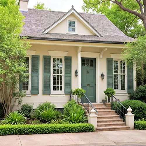 Green shutter and door on light tan house