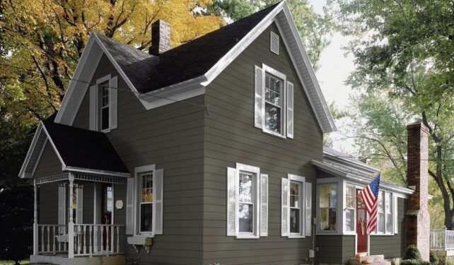 Green house with black sidling and white windows and shutters