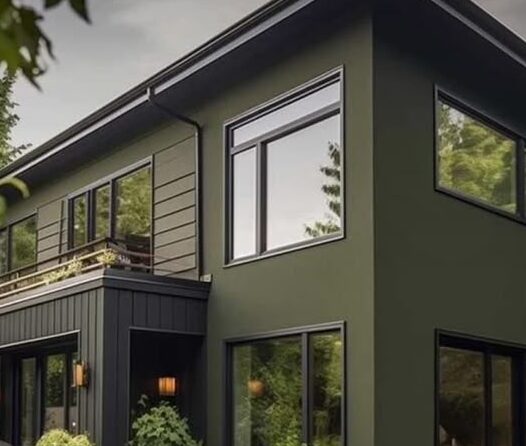 Metal trim on green house and light on the side black framed windows