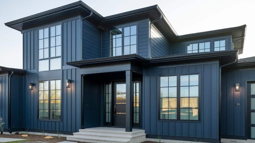 Navy blue house with black windows and celling lights above the wall