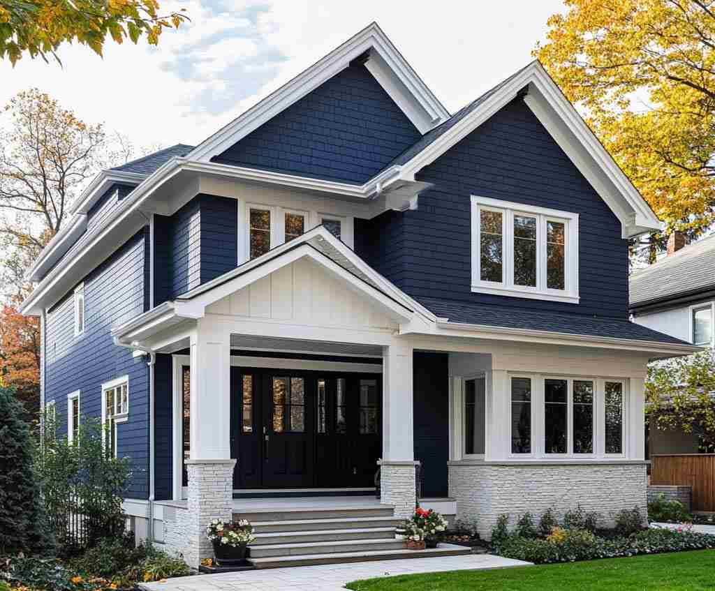 Deep blue house with white rim and white pillars and black glass windows