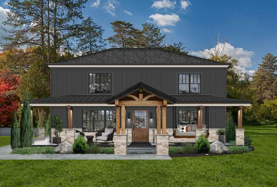 A gable roof and wooden pillar and and celling light on the front wall and garden outside of the house