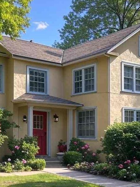 A tan house with gray blue window and ed door and light of both side on the wall and garden outside of the house