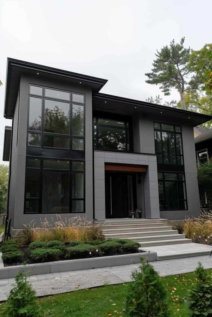 A gray house and black trim and glass framed window and a stone pathway and gray stair case