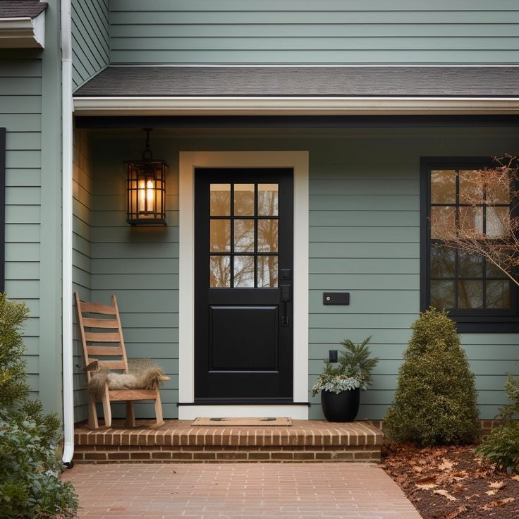 A black door on sage green house and wooden chair outside of the house 