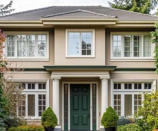 Green door on tan house and white windows