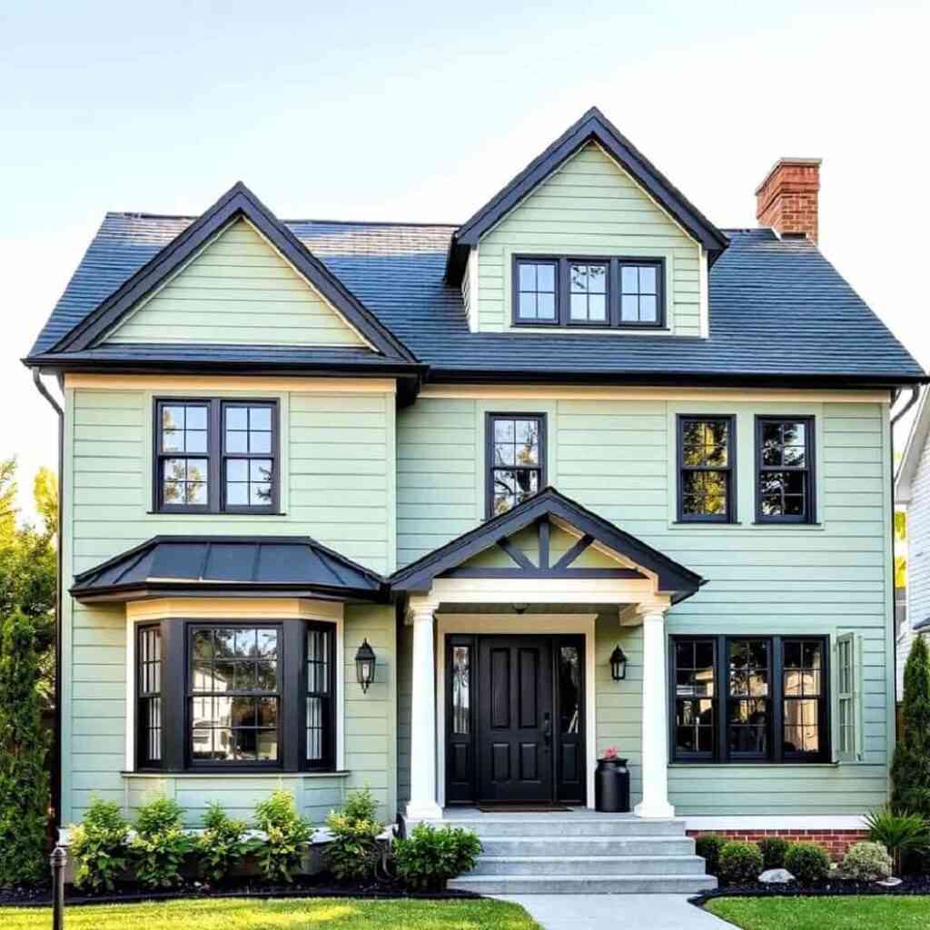 A green house with black roof and black framed windows and celling lights on the wall
