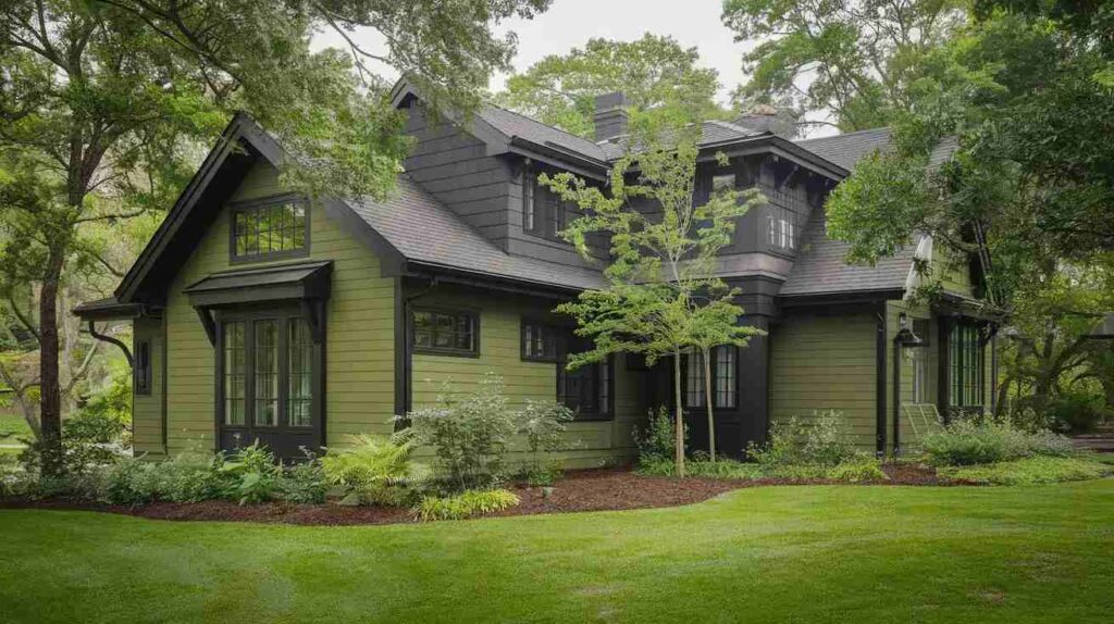 Green house with black trim and garden outside of the house