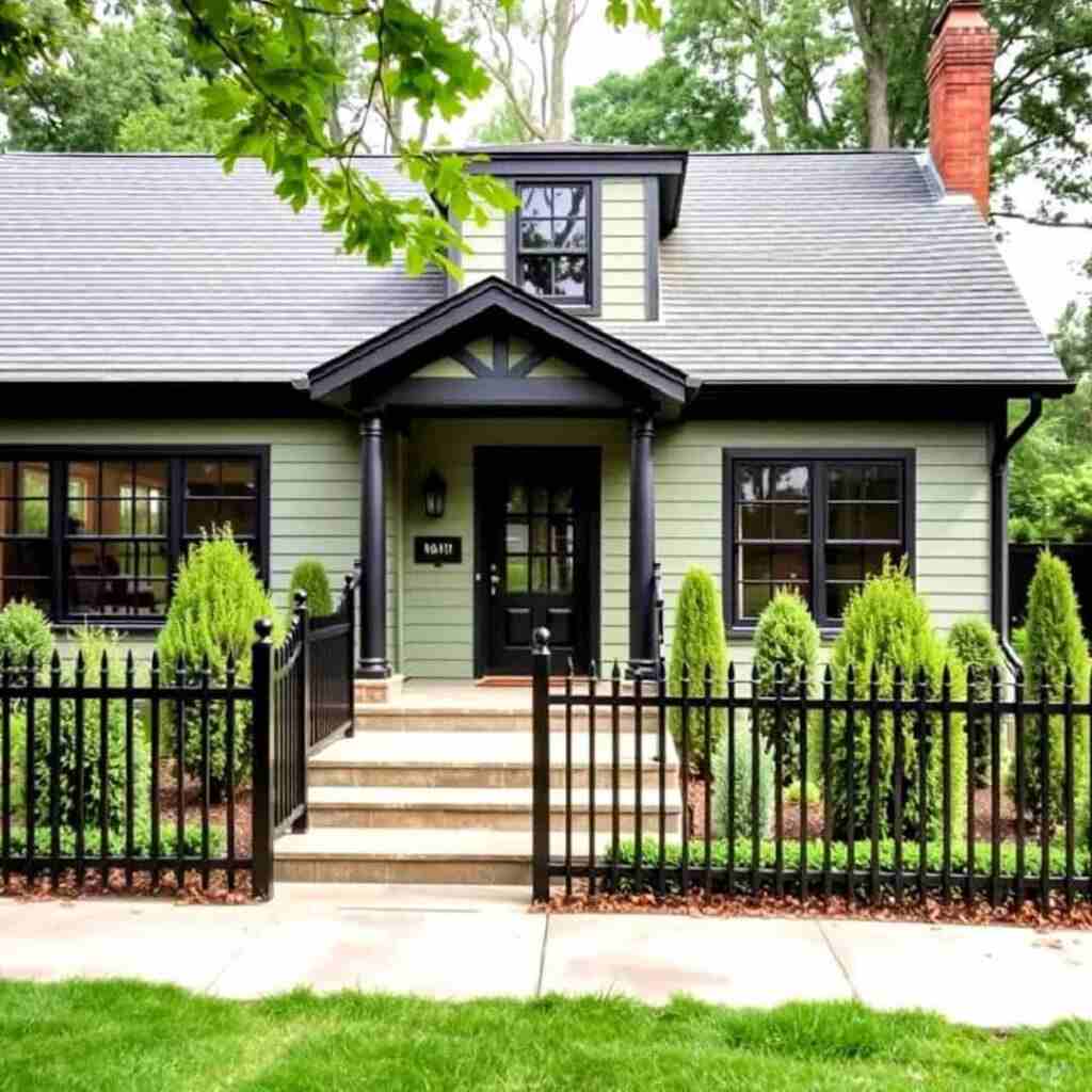 Green house with black trim and windows and black door and stairs with black railings