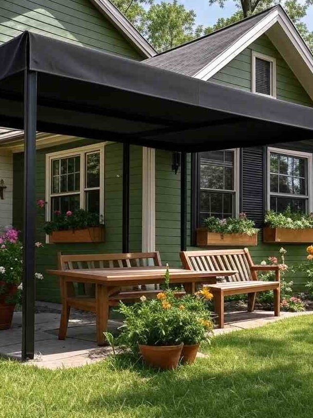 A green house with black patio and chairs outside of the house 