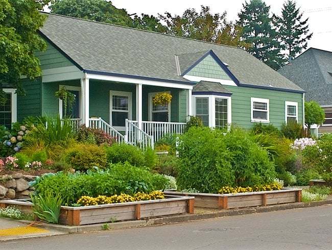 Green landscaping house with white trim and plants outside of the house