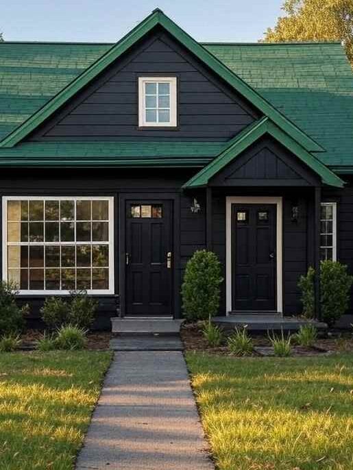 Green roof with black front door and white trim windows