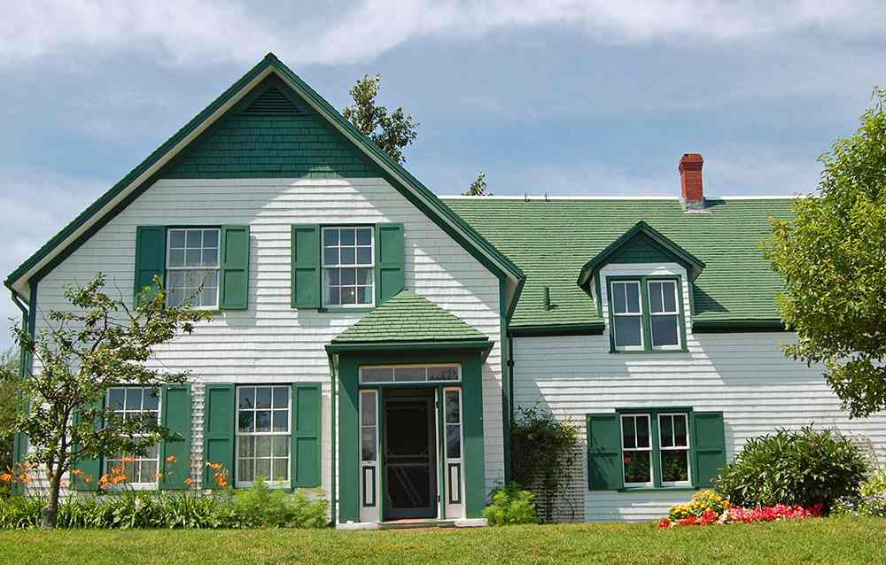 Grey house with shutter and green roof and white trim window