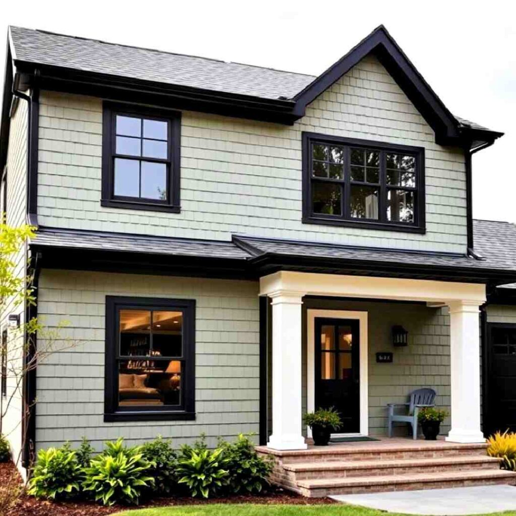 Green house with black trim and white pillars and wooden glass door and chairs outside of the house