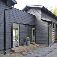A dark grey house with black gutters and glass door 