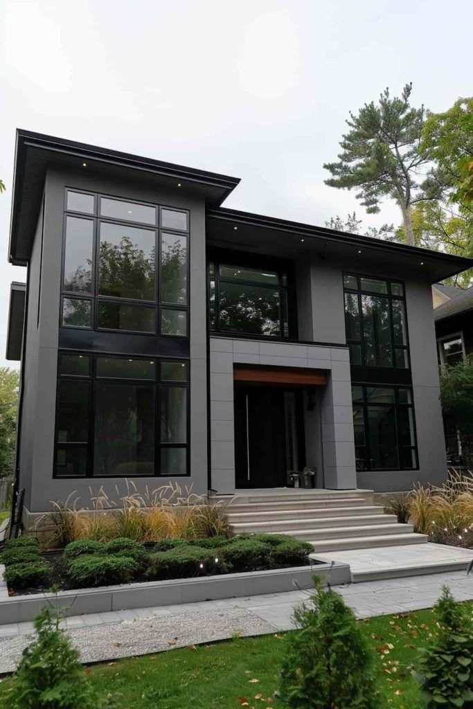 grey house with black trim and glass windows and door and celling lights above the wall