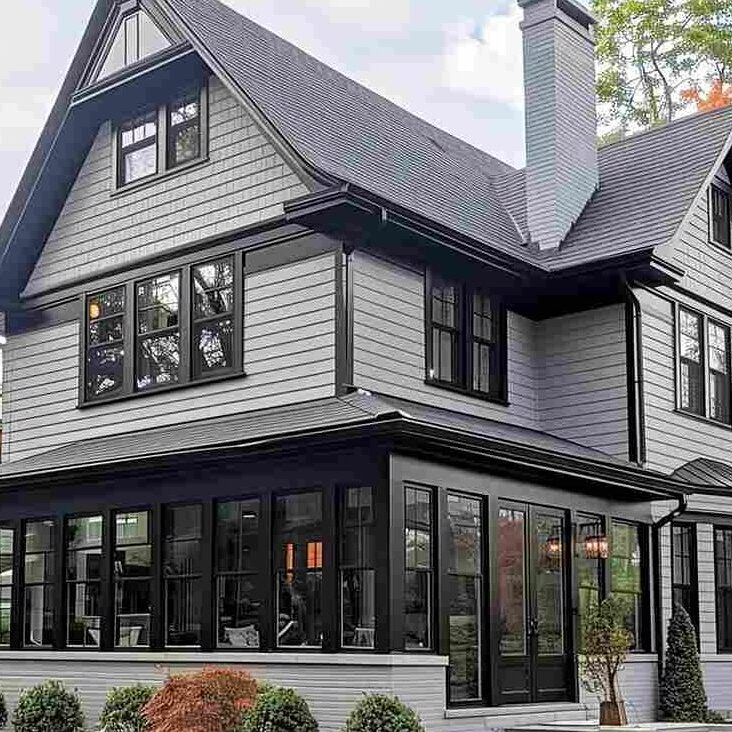 Grey house with black trim and windows