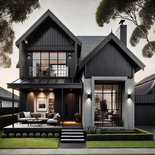 A grey house with light and dark house and celling on the wall and sofa and table in the corner of the house