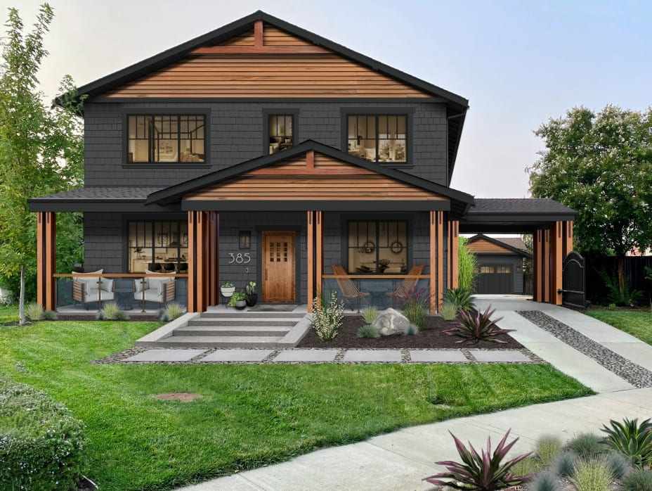 A grey house with wood accents and black trim and garden outside of the house and black trim windows