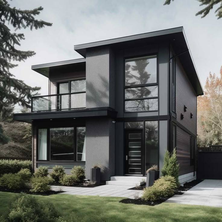 A grey house with black trim and glass windows and black door and garden outside of the house
