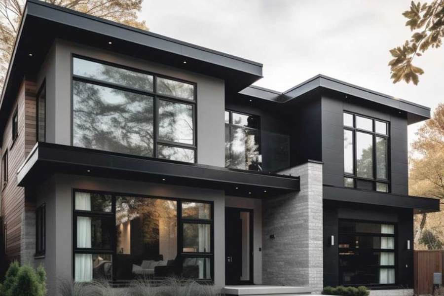 Dark and light grey house with black framed glass windows and celling lights above the wall