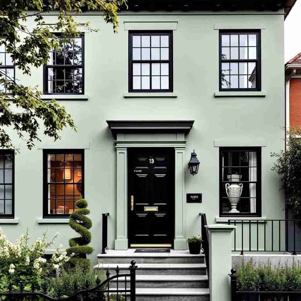 Light green house with black trim and wooden door and celling light on the wall 