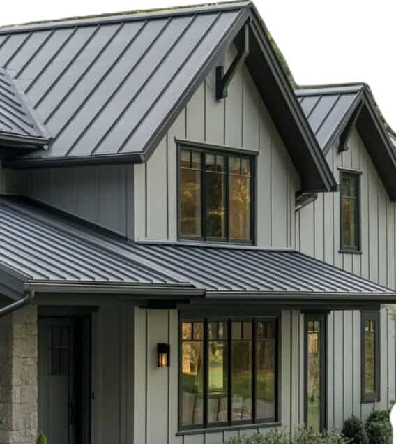 Light grey house with dark roofline  and glass windows 
