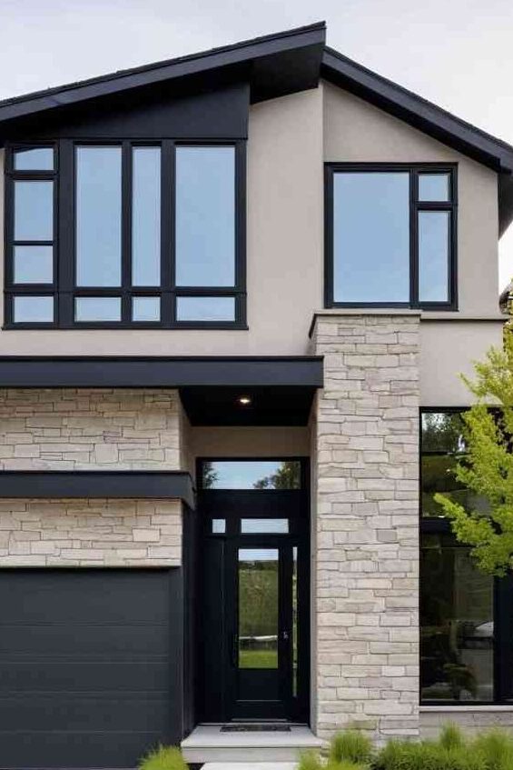 Light tan house with black trim and glass windows and door