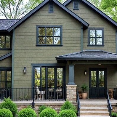 olive house with black trim windows and light on the wall and stairs and black railing