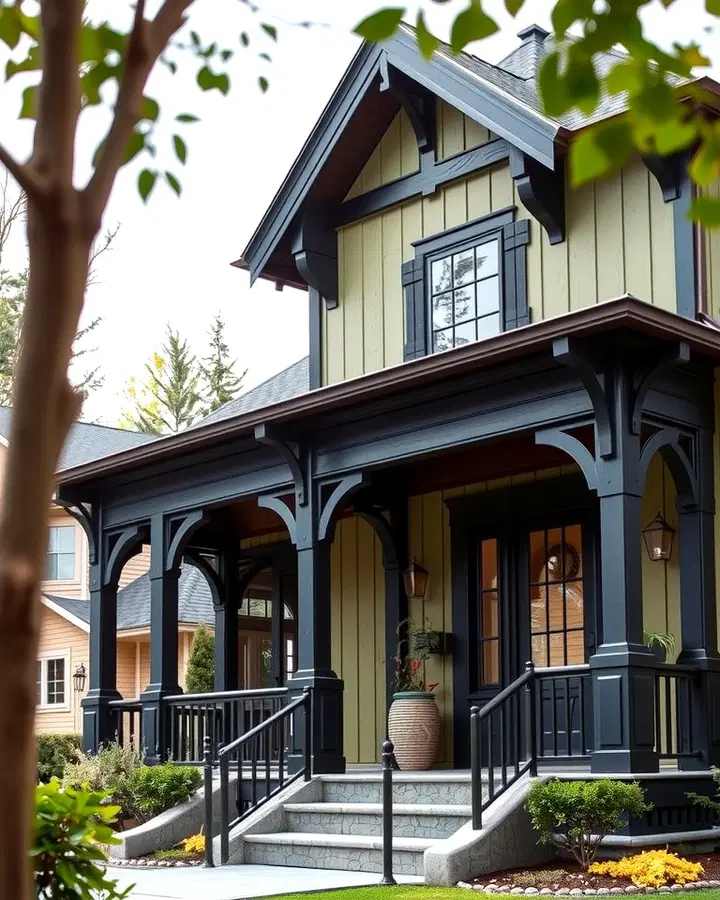 Green house with black trim and black framed windows