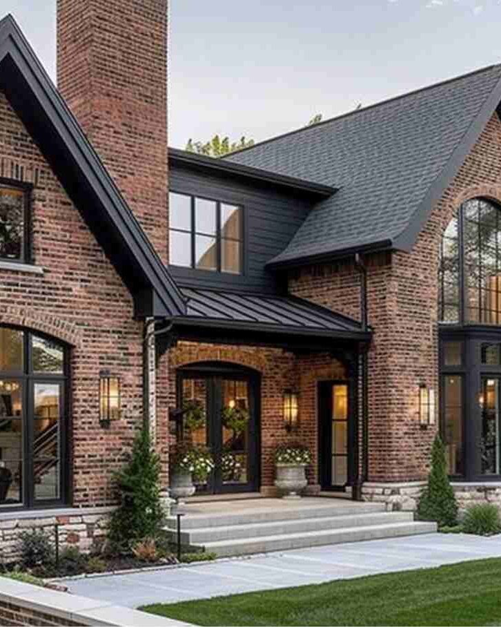 Red brick house with black glass windows light of both side of the wall