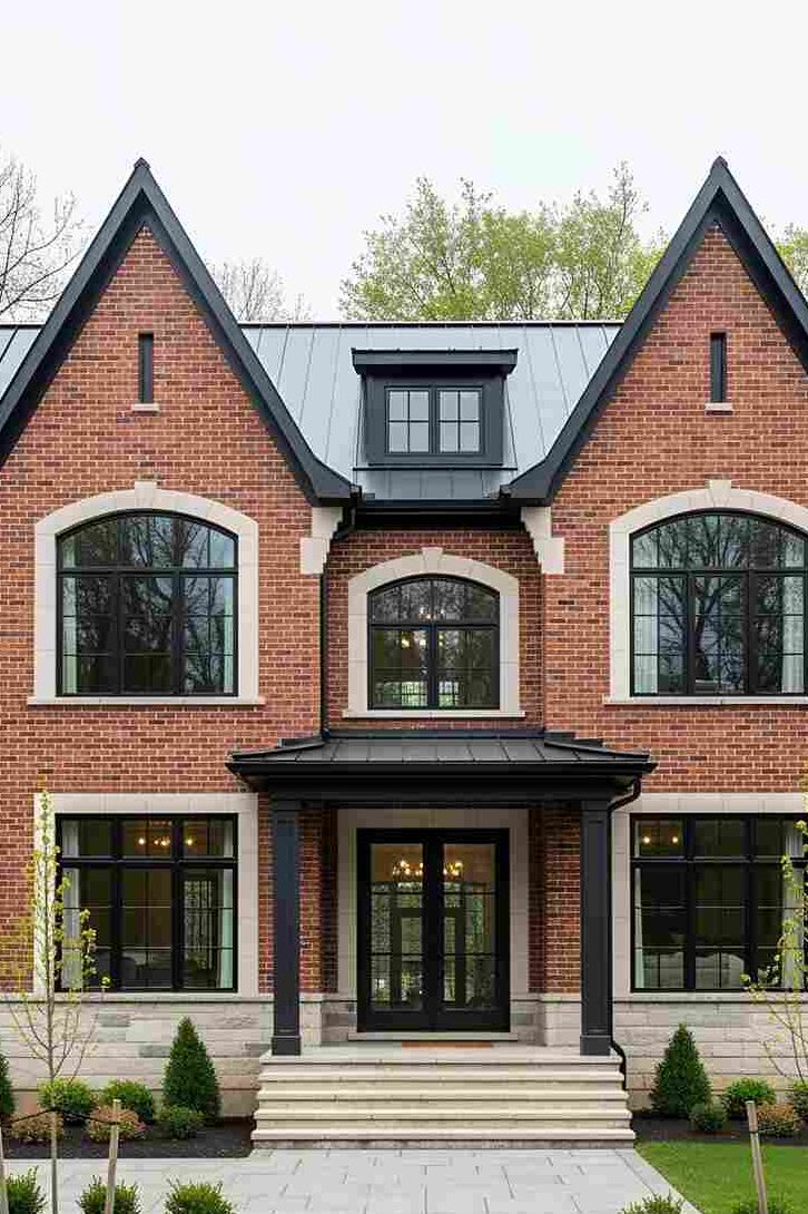 Red brick house with black trim and white trim windows