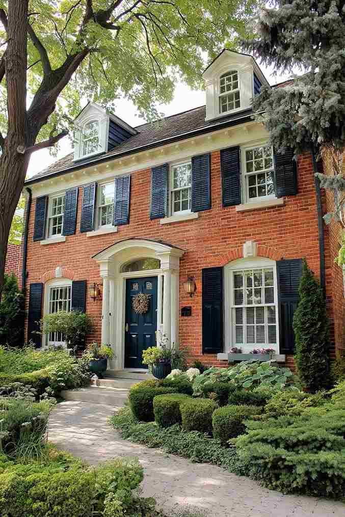 Red brick house with shutter and white framed windows