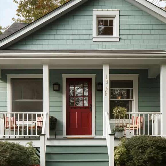 Red door and green house with green house