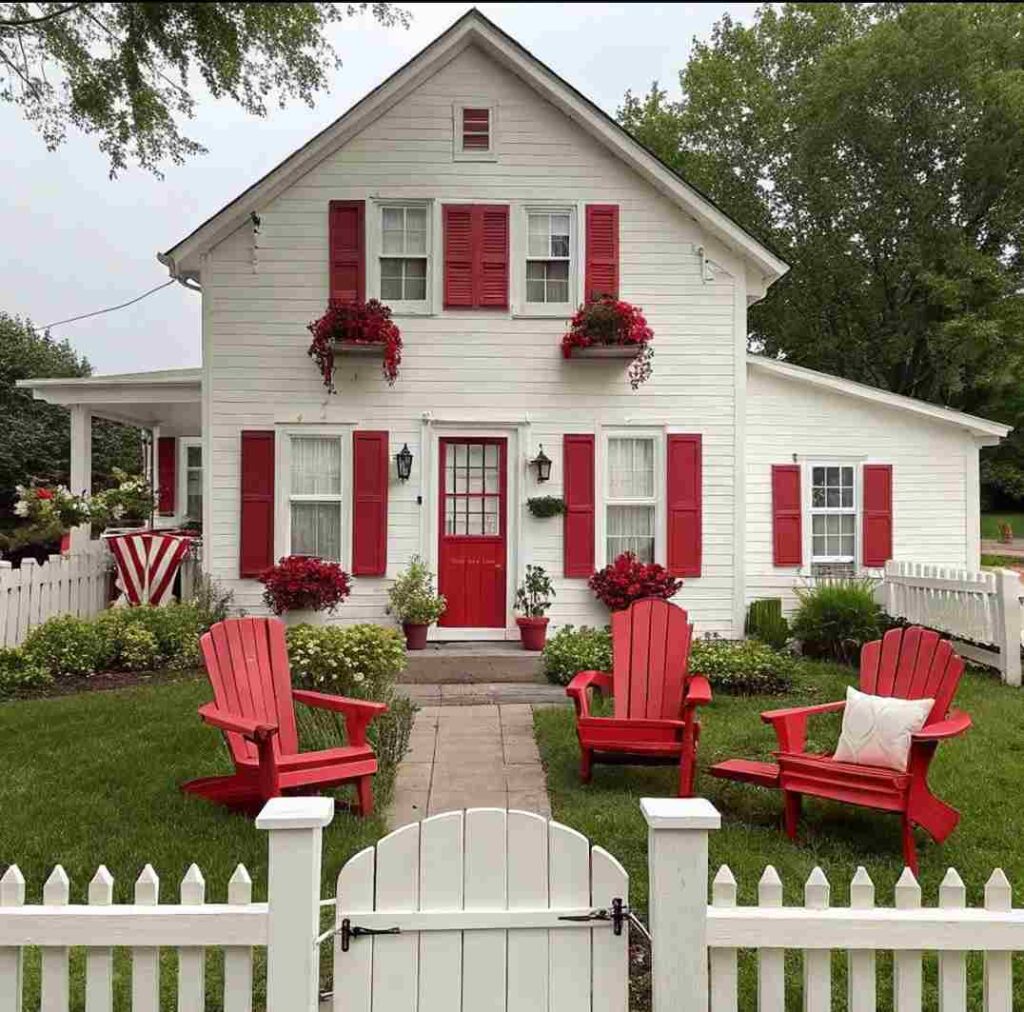 Red door with shutter on white house and red chair outside of the house 