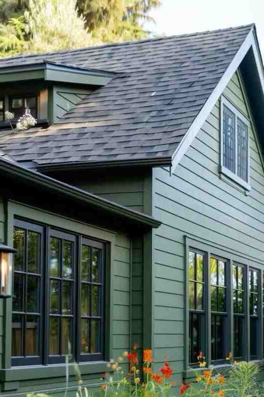 Sage green house with black glass windows