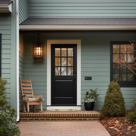 Green house with black front door and chair outside of the house 