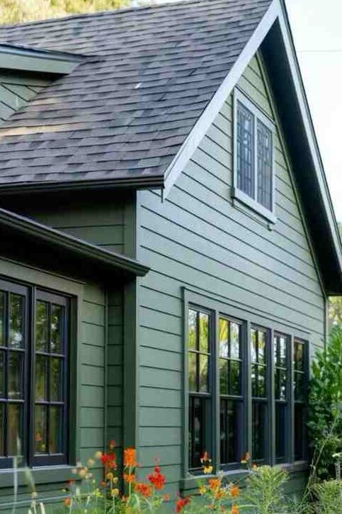Black roof on the sage green house and black trim windows 