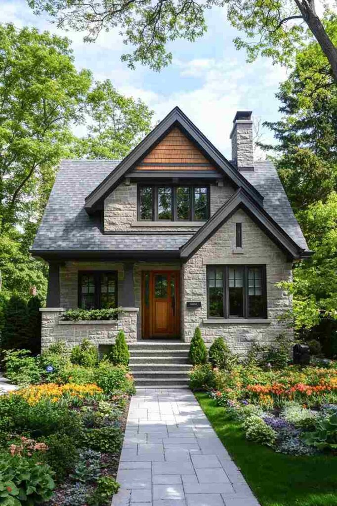 A grey stone house with wooden door and black mail box and garden outside of the house