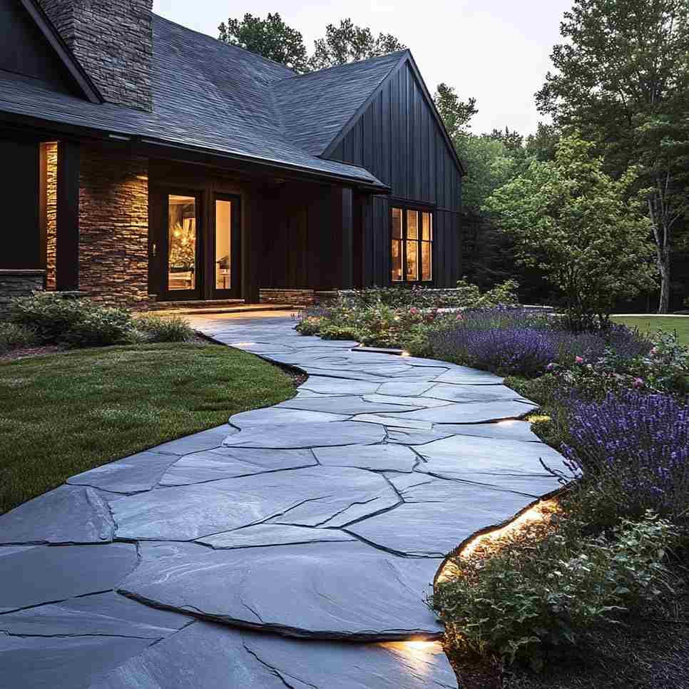 A black wood house with stone pathway outside of the house and warm lights and wooden trim windows