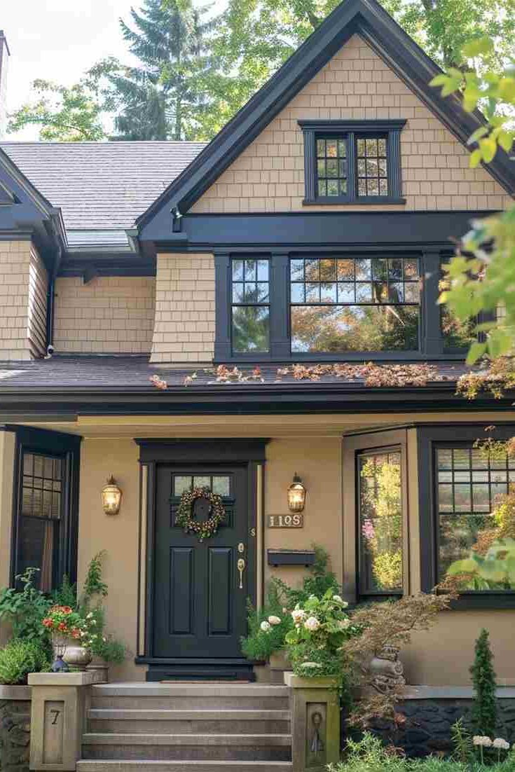 Tan house with black trim and wood front door and lights on the wall and black framed windows