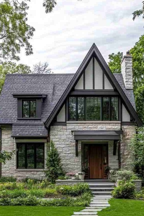 Grey house with black trim and windows and wooden front door