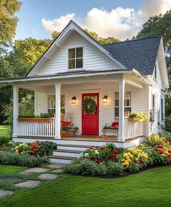 White house red door and garden outside of the house and celling lights on the wall 