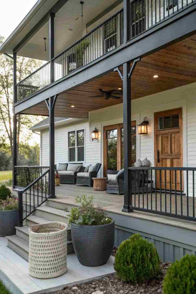 White house with black trim balcony and celling lights on the wall and sofa and outside of the house