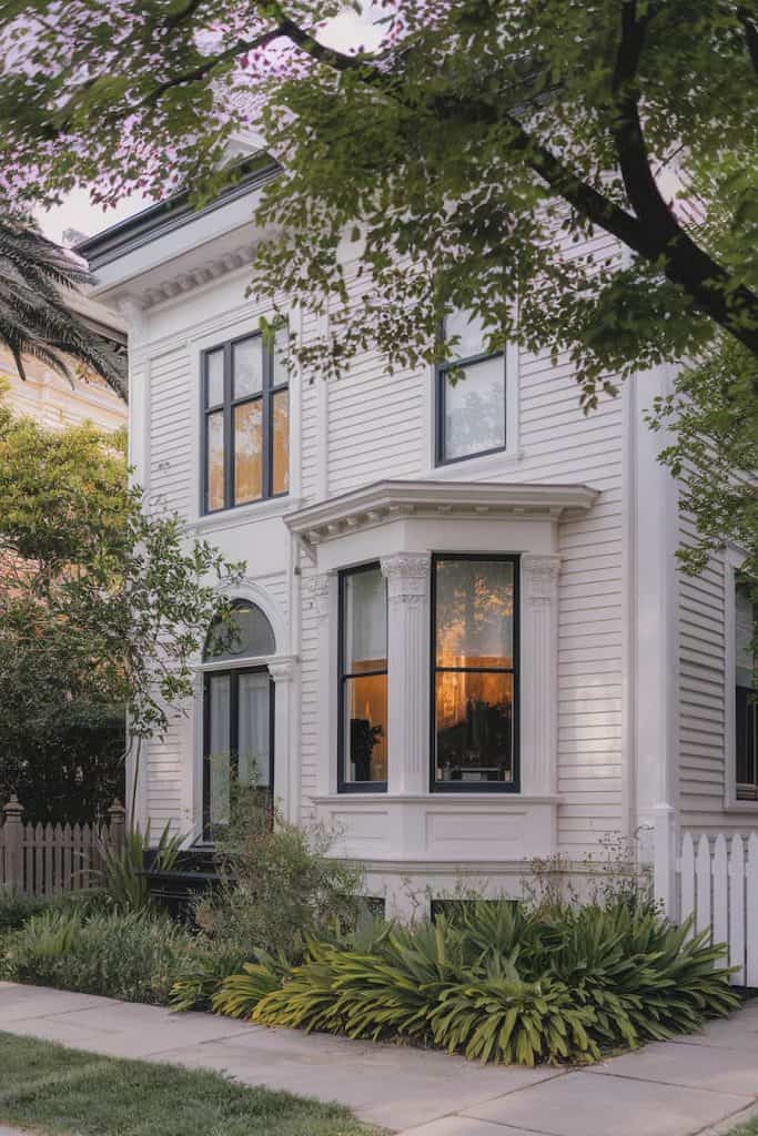 White house and black trim with glass windows and plants and tree outside of the house